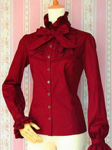 Classic Lolita Blouse Cotton Bowknot Frill Dark Red Lolita Top