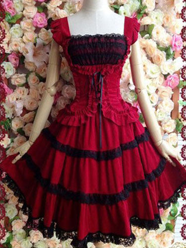Gothic Lolita Dress JSK Cotton Lace Trim Pleated Red Lolita Jumper Skirt
