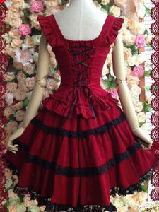Gothic Lolita Dress JSK Cotton Lace Trim Pleated Red Lolita Jumper Skirt