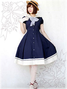 Sweet Lolita Dress Sailor OP Cotton Bow Buttons Dark Navy Lolita One Piece Dress