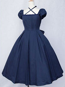 Dark Navy Lolita Dress OP Classic Short Sleeve Cotton Lolita One Piece Dress
