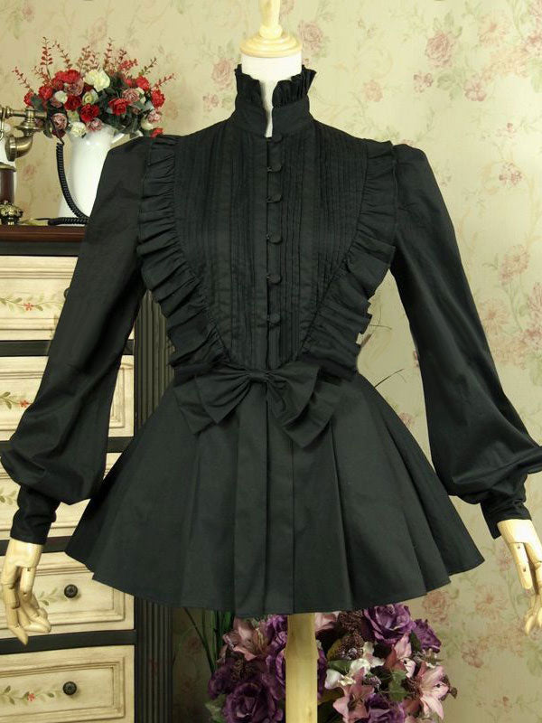 Gothic Lolita Blouse Cotton Stand Collar Ruffles Puff Sleeve Black Lolita Top