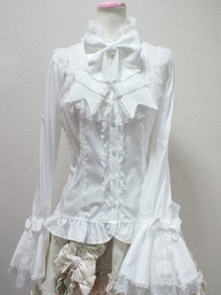 Rococo Lolita Blouse Cotton Lace Trim Flare Sleeve Bowknot Ruffles Ecru White Lolita Top
