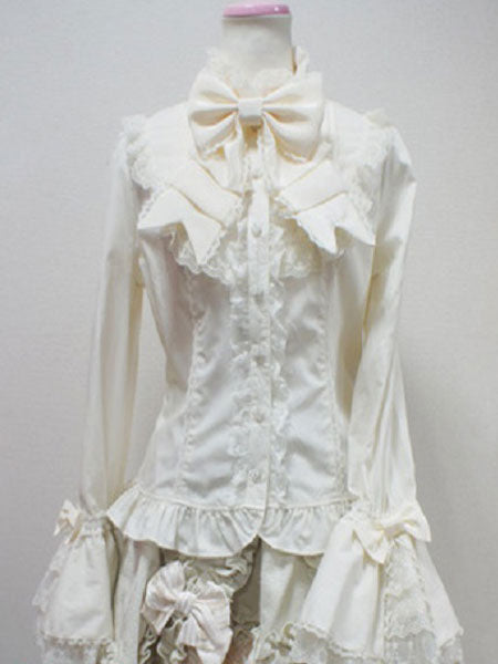Rococo Lolita Blouse Cotton Lace Trim Flare Sleeve Bowknot Ruffles Ecru White Lolita Top