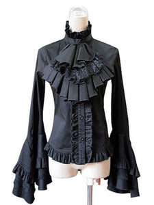 Gothic Lolita Blouse Lace Patch Cotton Pleated Bow Ruffles Two Tone White Lolita Top