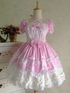 Rococo Lolita Dress JSK Lace Ruffles Bow Decor Pleated Cotton Lolita Jumper Skirt