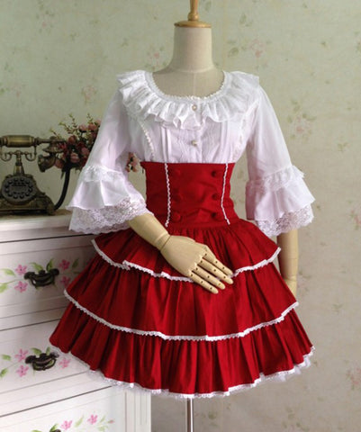 Rococo Lolita SK Skirt Two Tone Ruffles Layered Ribbons Pleated Red Lolita Dresses