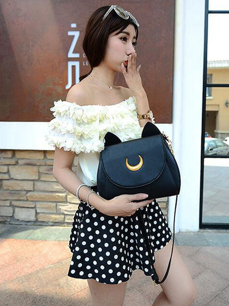 Sweet Lolita Handbag Two Tone Moon Embroidered PU White Lolita Accessory