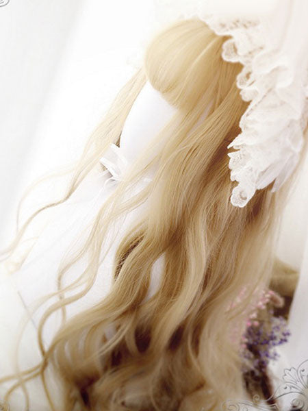 Rococo Lolita Wigs Light Gold Long Blunt Bangs Crimped Curls Anya Synthetic Hair Wigs