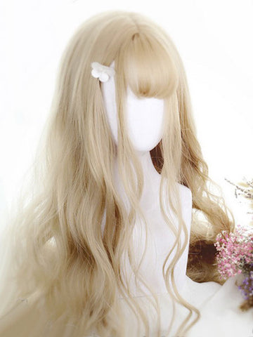 Rococo Lolita Wigs Light Gold Long Blunt Bangs Crimped Curls Anya Synthetic Hair Wigs