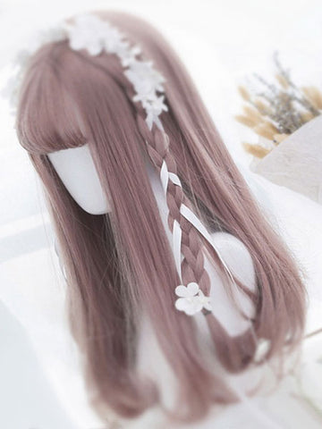 Sweet Lolita Wigs Tan Long Straight Blunt Bangs Curls At Ends Letitia Synthetic Hair Wigs