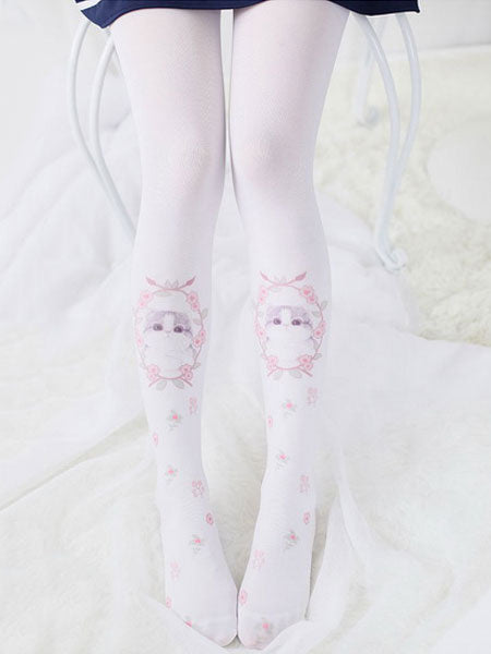Sweet Lolita Pantyhose Cat Printed White Lolita Tights