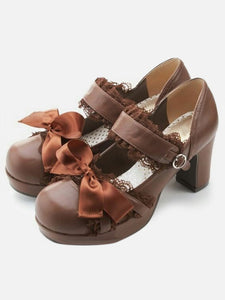 Sweet Lolita Shoes Dark Navy Lace Square Toe Bows PU Chunky Heel Lolita Pump Shoes