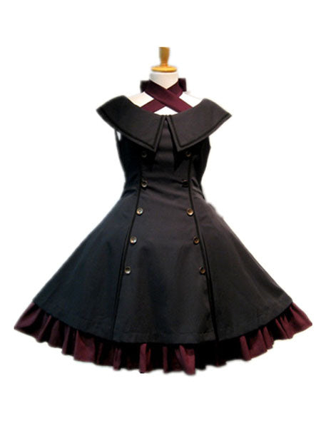 Gothic Lolita JSK Jumper Skirt Sleeveless Ruffles Double Breasted Black Lolita Dresses