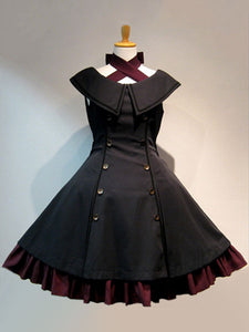 Gothic Lolita JSK Jumper Skirt Military Style Sleeveless Ruffles Double Breasted Black Lolita Dresses