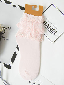 Classic Lolita Socks Lace Pearls Layered Ruffles White Lolita Socks