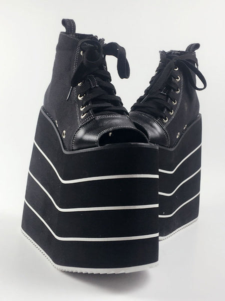 Black Lolita Shoes Open Toe Platform Geometric Heel Lace Up Canvas Lolita Shoes