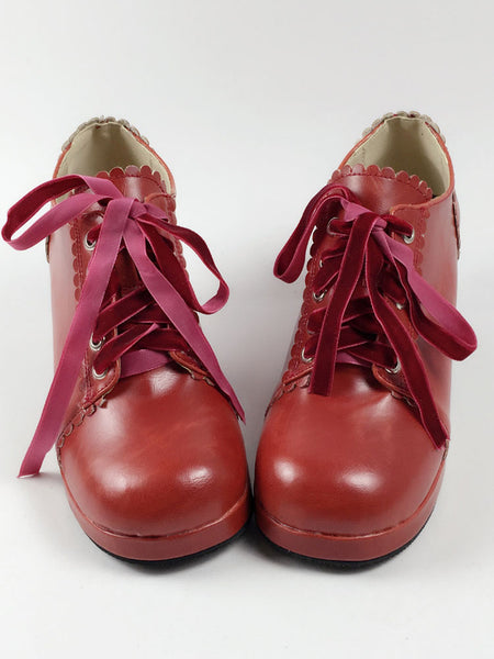 Sweet Lolita Shoes Square Toe Puppy Heel PU Lace Up Red Lolita Shoes