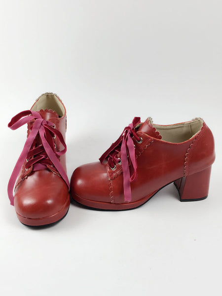 Sweet Lolita Shoes Square Toe Puppy Heel PU Lace Up Red Lolita Shoes