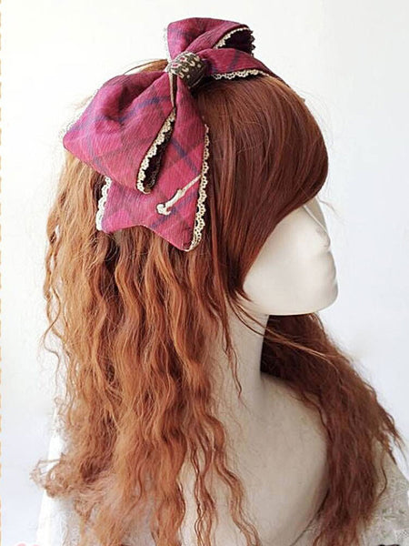 Classic Lolita Headband Infanta Pleated Plaid Jacquard Bows Atrovirens Lolita Headpieces