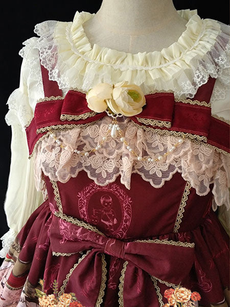 Sweet Lolita Brooch Infanta Flowers Pearls Burgundy Lolita Accessories