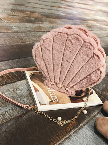 Sweet Lolita Bag Seashell Faux Fur Pearl Chain Pink Lolita Shoulder Bag