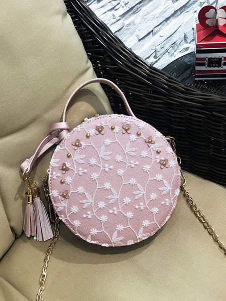 Sweet Lolita Bag Lace Embroidered Tassel Metallic PU Black Lolita Shoulder Bag