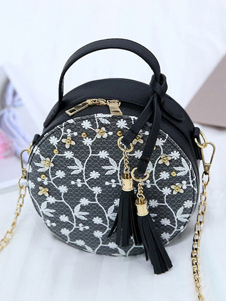 Sweet Lolita Bag Lace Embroidered Tassel Metallic PU Black Lolita Shoulder Bag