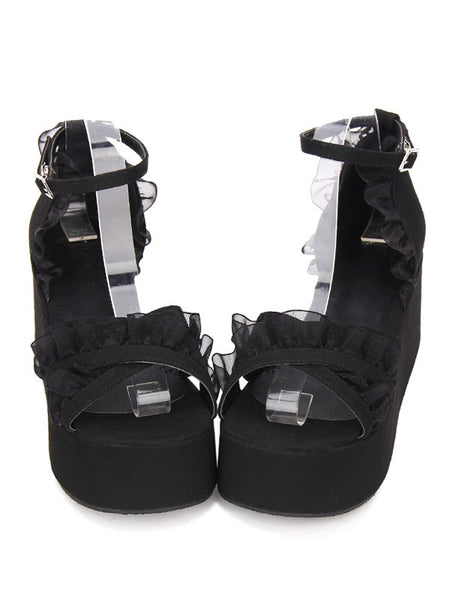 Gothic Lolita Sandals Ruffle Ankle Strap Platform Wedge Heel Black Lolita Shoes