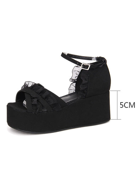 Gothic Lolita Sandals Ruffle Ankle Strap Platform Wedge Heel Black Lolita Shoes