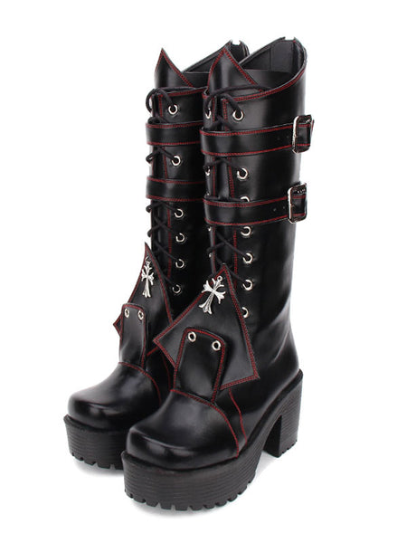 Gothic Lolita Boots Grommet Cross Lace Up Buckle Platform Chunky High Heel Black Lolita Shoes