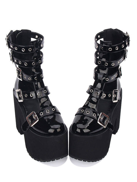 Gothic Lolita Sandal Grommet Buckle Platform Glazed PU Black Lolita Shoes