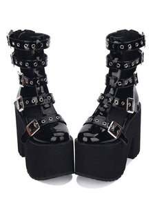 Gothic Lolita Sandal Grommet Buckle Platform Glazed PU Black Lolita Shoes