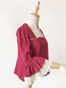Chinese Style Lolita Blouse Infanta Lace Trim Two Tone Cotton Linen Lolita Top