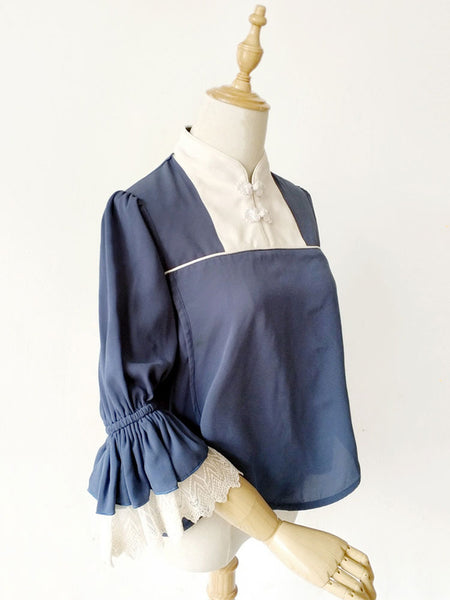 Chinese Style Lolita Blouse Infanta Lace Trim Two Tone Cotton Linen Lolita Top