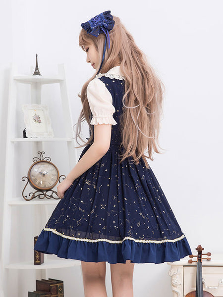 Sweet Lolita OP Dress Ruffle Print Lace Trim Deep Blue Chiffon Lolita One Piece Dress