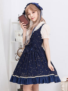 Sweet Lolita OP Dress Ruffle Print Lace Trim Deep Blue Chiffon Lolita One Piece Dress