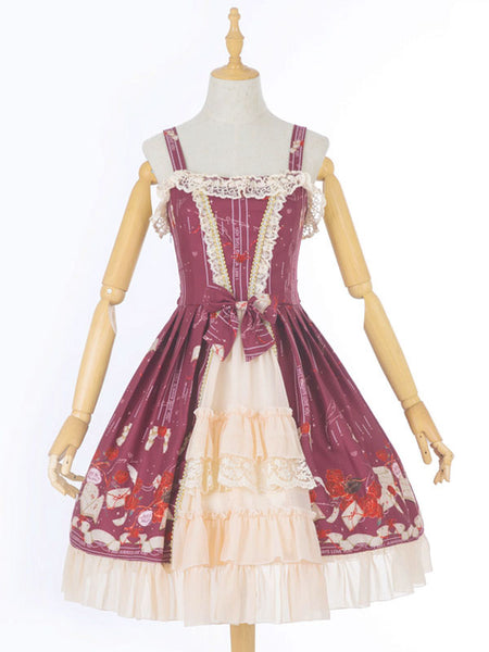 Sweet Lolita JSK Dress Lace Ruffle Print Bow Burgundy Chiffon Lolita Jumper Skirt