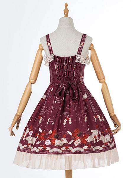 Sweet Lolita JSK Dress Lace Ruffle Print Bow Burgundy Chiffon Lolita Jumper Skirt