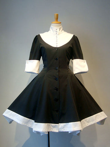 Gothic Lolita OP Dress Bow Button Two Tone Pleated Black Lolita One Piece Dress