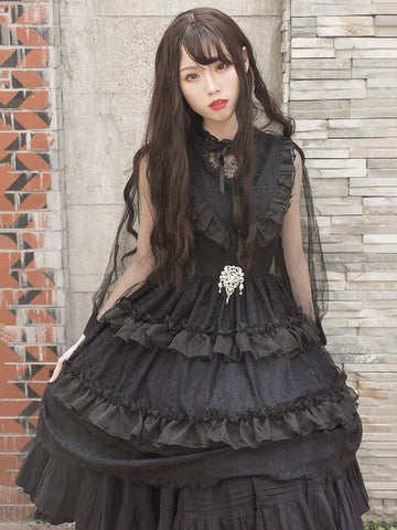 Classic Lolita Blouse Lace Trim Jacquard Ruffle Tulle Black Lolita Top