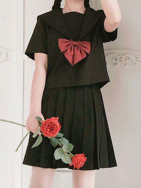 Sailor Style Lolita Set Black Bowknot Cotton Lolita Top With Pleated Skirt