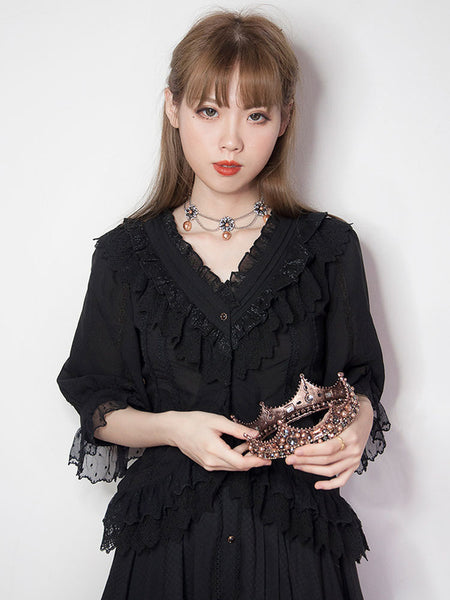 Classic Lolita Shirt Chiffon Lace Trim Ruffle Black Lolita Blouse