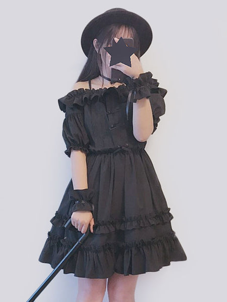 Sweet Lolita OP Dress Layered Ruffle Chiffon Black Lolita One Piece Dress