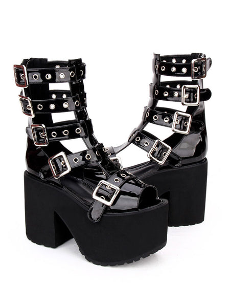 Gothic Lolita Sandal Boots Grommet Metallic Buckle Platform Black Lolita Footwear