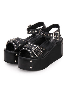 Punk Lolita Sandals Metallic Rivet Grommet Platform Wedge Heel Black Lolita Shoes