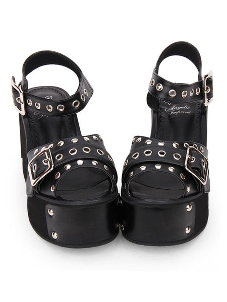 Punk Lolita Sandals Metallic Rivet Grommet Platform Wedge Heel Black Lolita Shoes
