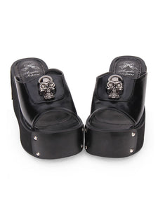 Gothic Lolita Sandal Metallic Skull Rivet Platform Black Lolita High Heel Slipper