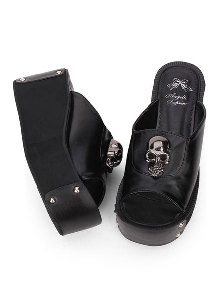 Gothic Lolita Sandal Metallic Skull Rivet Platform Black Lolita High Heel Slipper