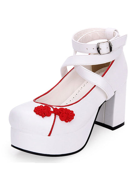 Chinese Style Lolita Shoes Embroidery Strappy Chunky High Heel Lolita Pumps